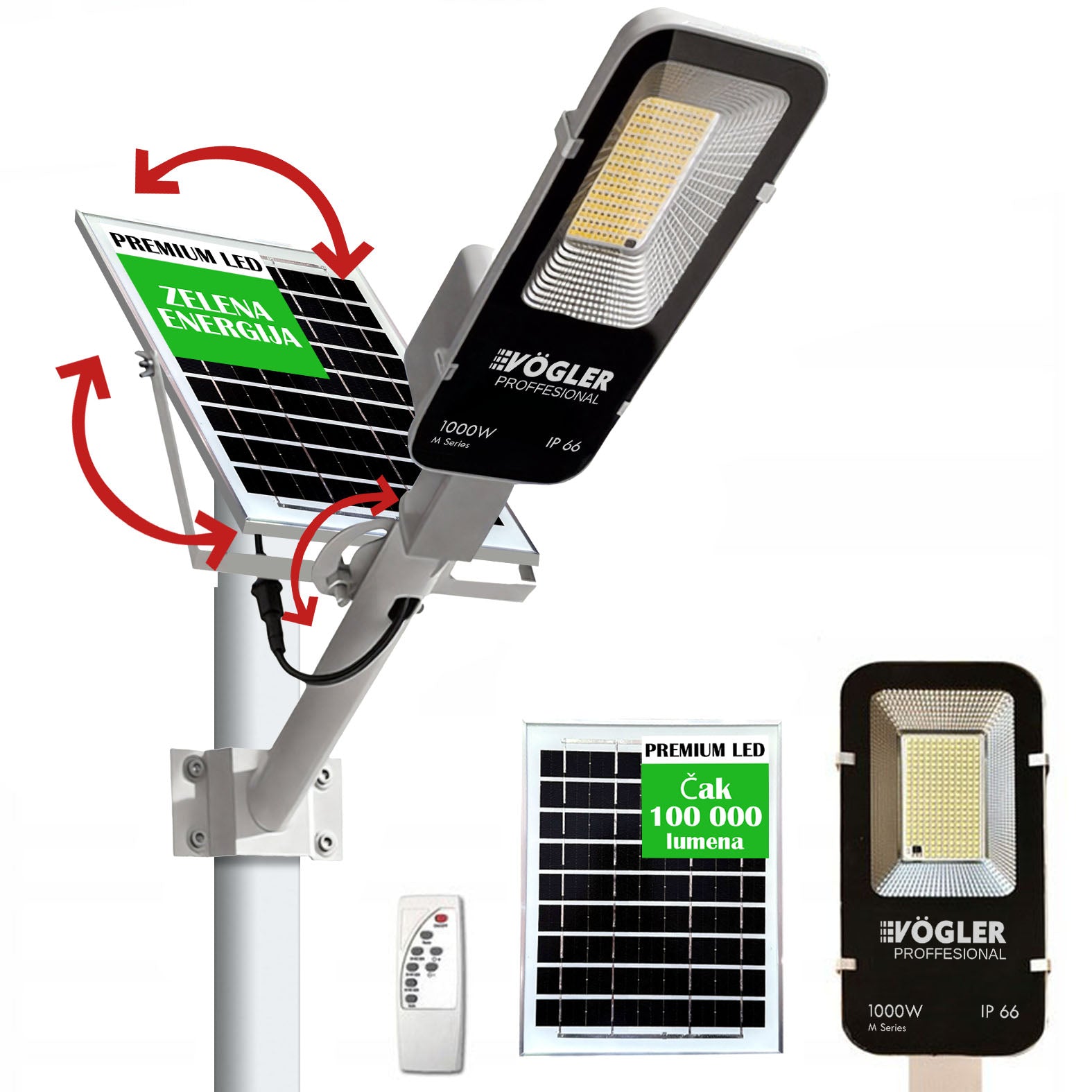 Snažna solarna lampa, senzor sumraka, daljinski upravljač, Vögler Professional 1000W