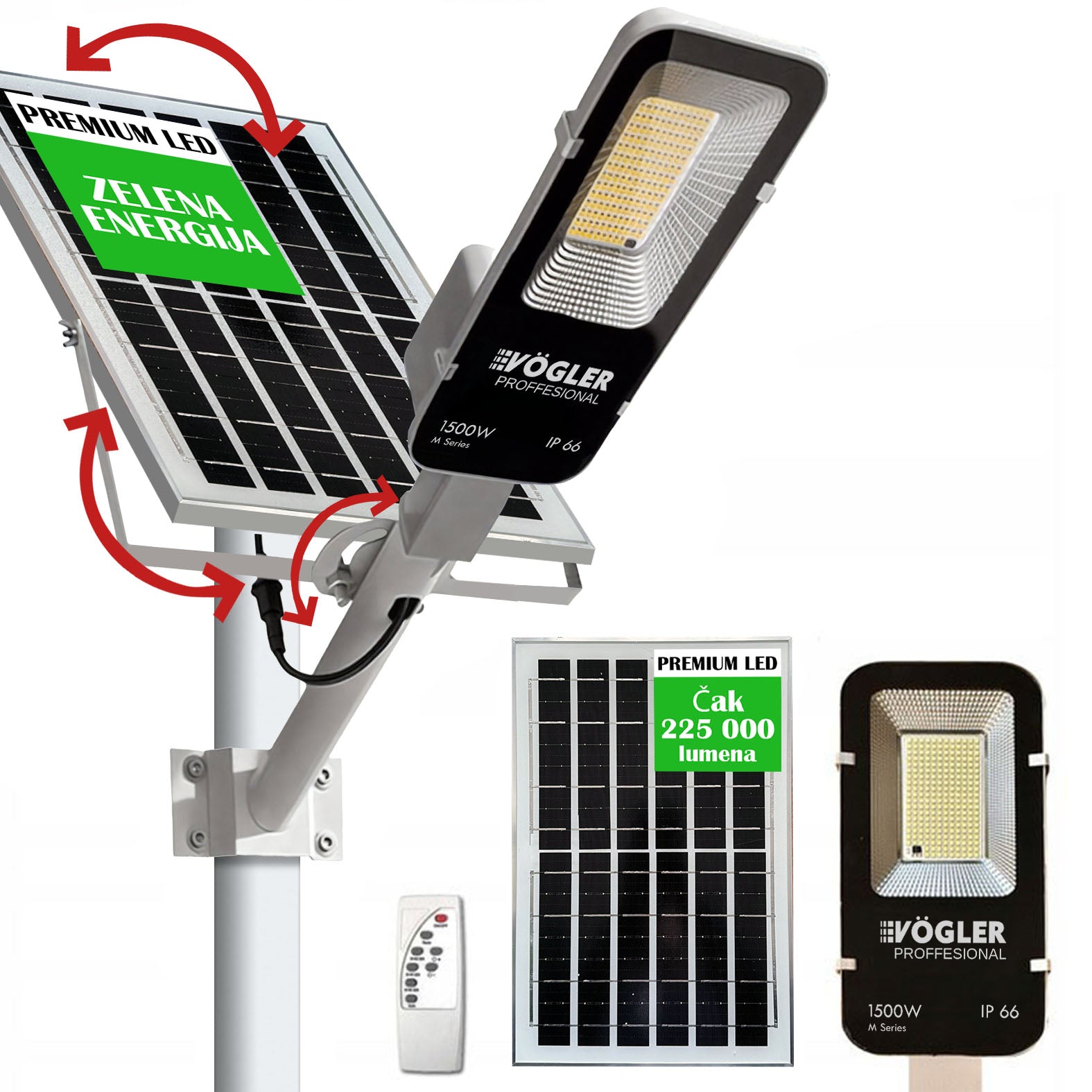 Snažna solarna lampa, senzor sumraka, daljinski upravljač, Vögler Professional 1500W