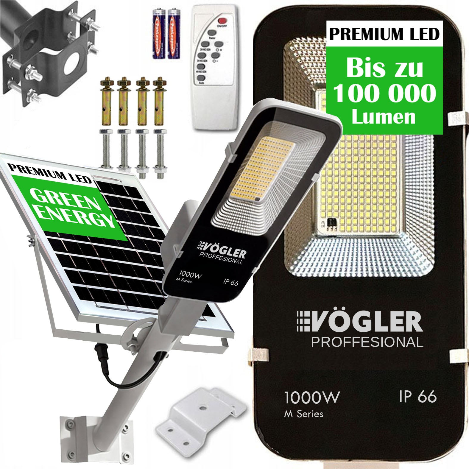 Snažna solarna lampa, senzor sumraka, daljinski upravljač, Vögler Professional 1000W