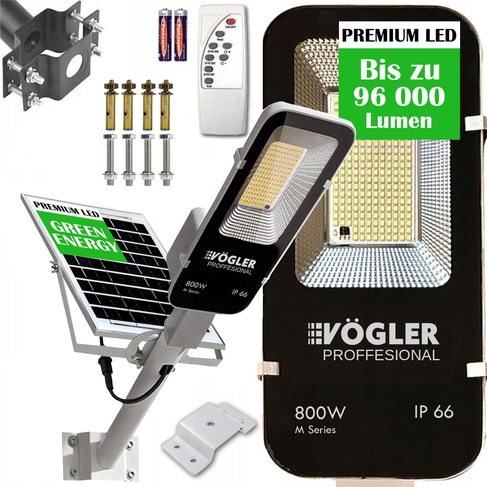 Snažna solarna lampa, senzor sumraka, daljinski upravljač, Vögler Professional 800W