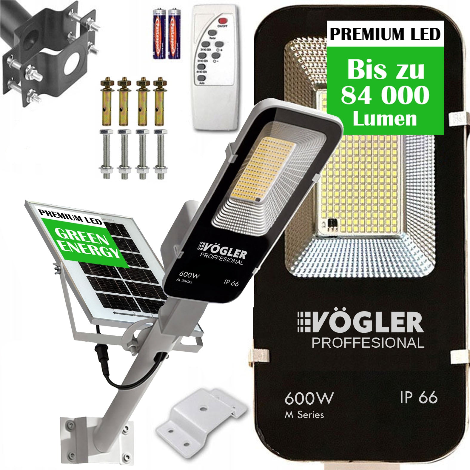 Snažna solarna lampa, senzor sumraka, daljinski upravljač, Vögler Professional 600W