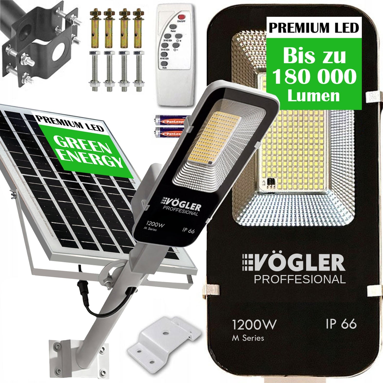Snažna solarna lampa, senzor sumraka, daljinski upravljač, Vögler Professional 1200W