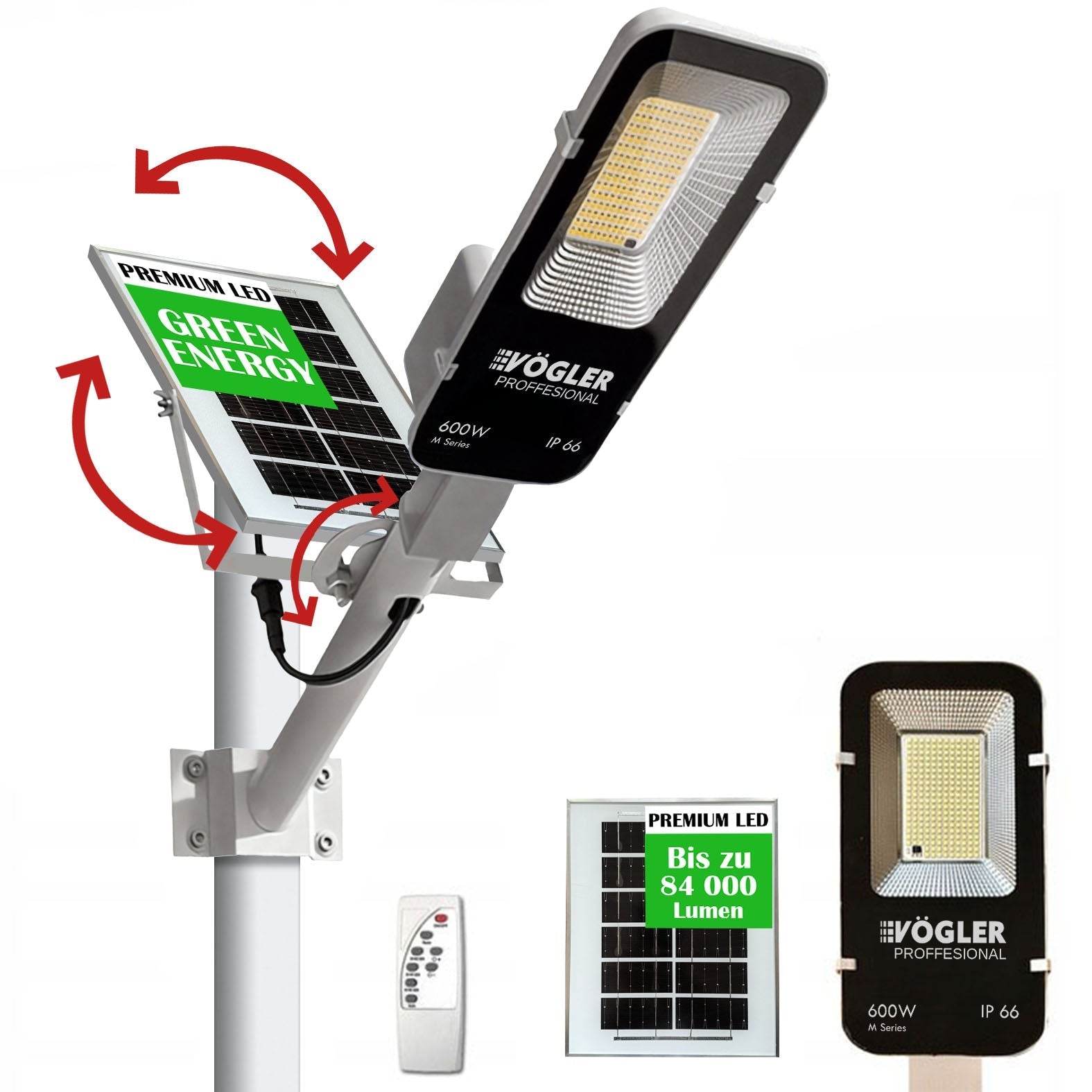 Snažna solarna lampa, senzor sumraka, daljinski upravljač, Vögler Professional 600W
