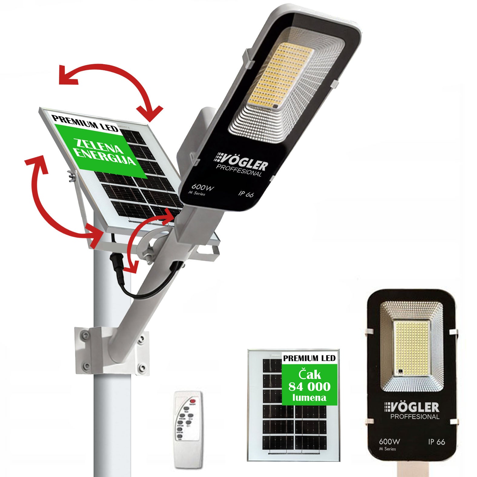 Snažna solarna lampa, senzor sumraka, daljinski upravljač, Vögler Professional 600W