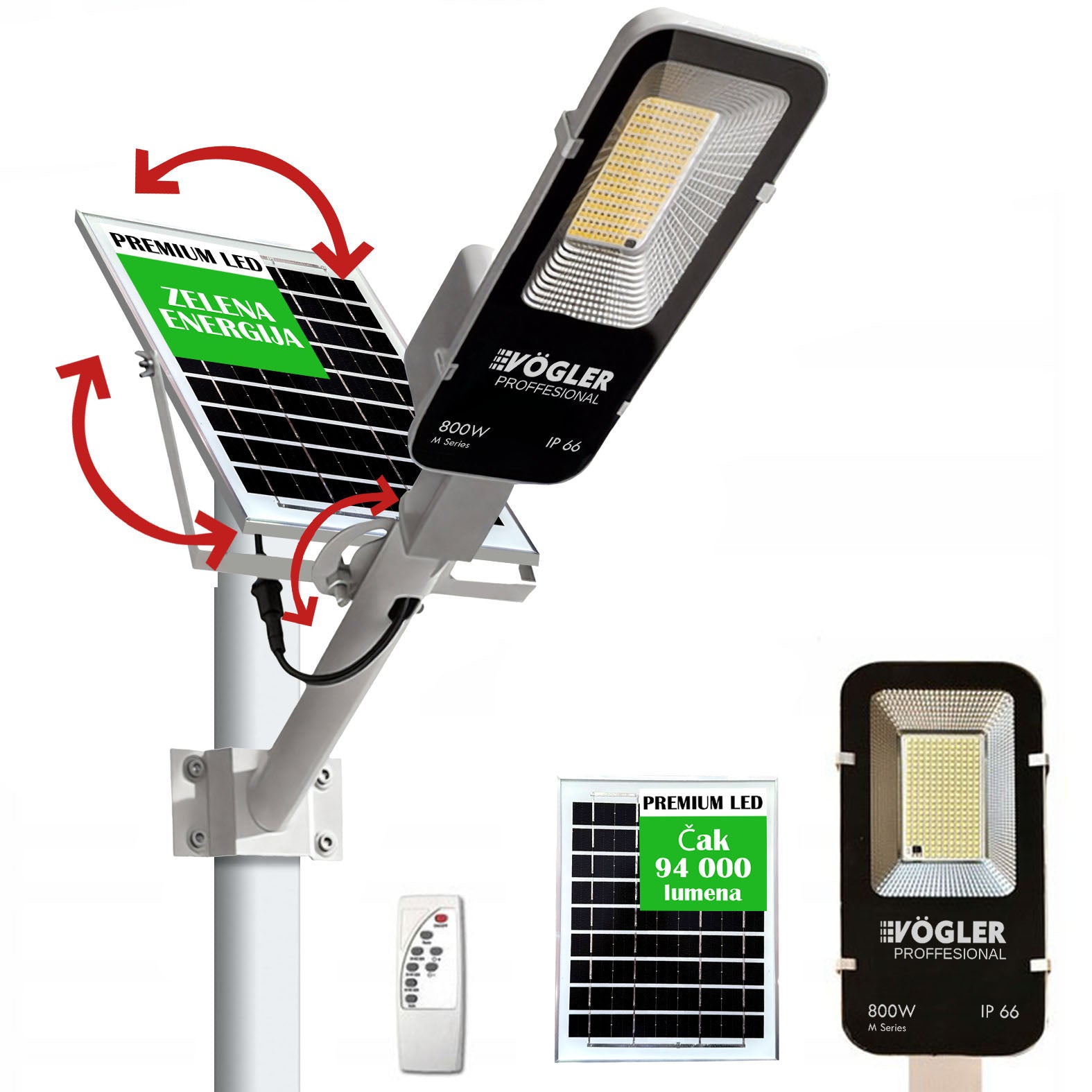 Snažna solarna lampa, senzor sumraka, daljinski upravljač, Vögler Professional 800W
